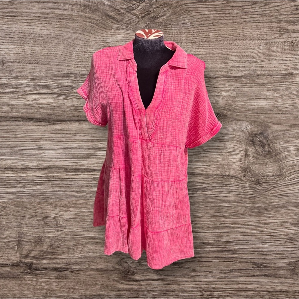Umgee Pink Short Sleeve Tiered V-Neck Mini Dress Size Small